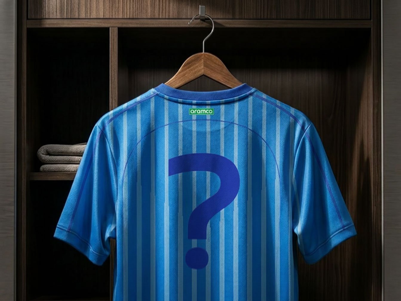 Blue soccer jersey with a large question mark on the back hanging in a wooden locker.