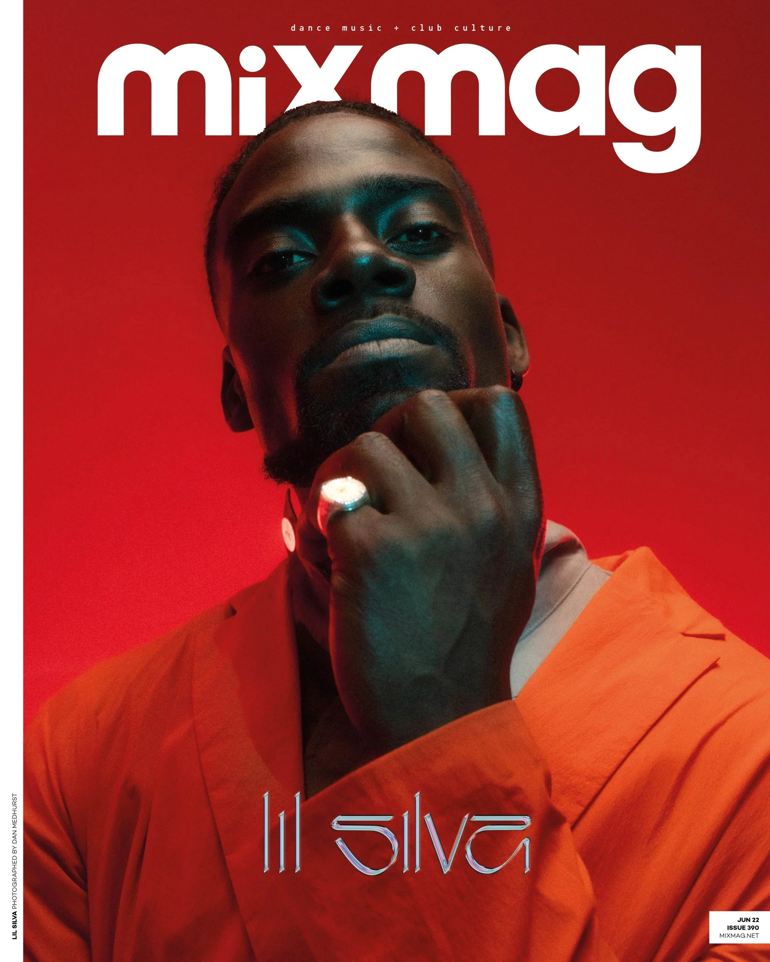 Cover of Mixmag magazine featuring a close-up of a person's face with dark skin, short hair, and a contemplative expression, set against a red background. The magazine's title is at the top and the issue details are at the bottom.