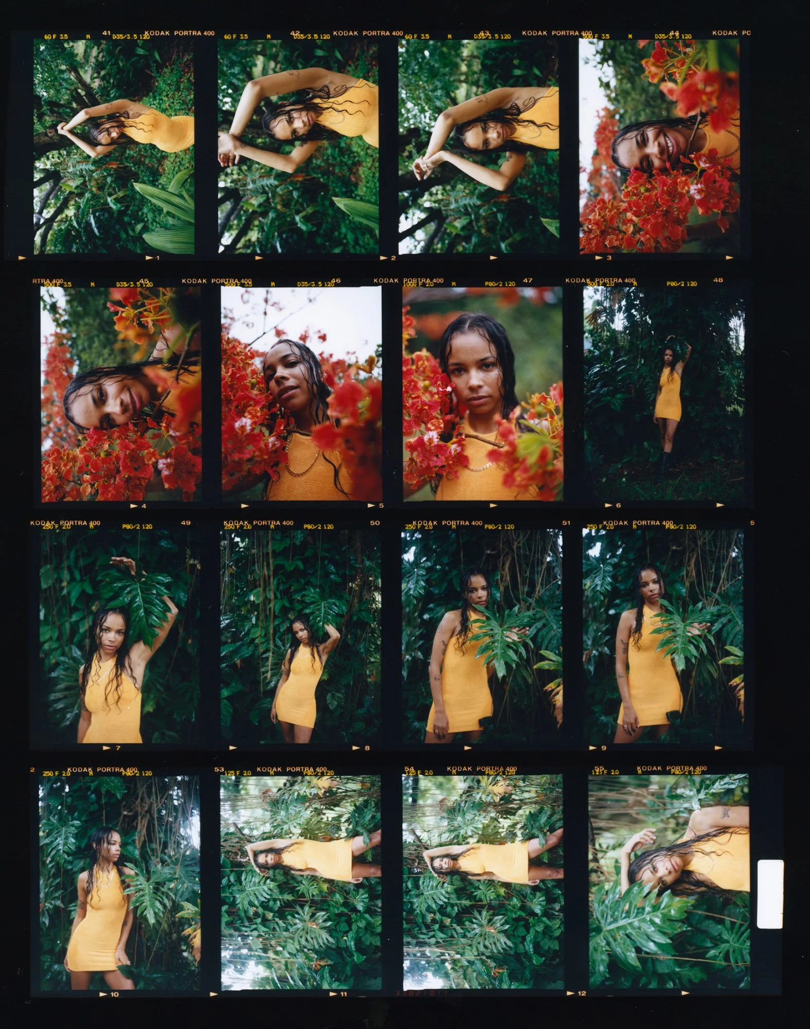 A contact sheet of twelve photographs featuring a woman in a yellow dress posing among lush green foliage and red flowers in a jungle or forest setting. The woman has curly black hair and tattoos, and exhibits various expressions and pose angles.