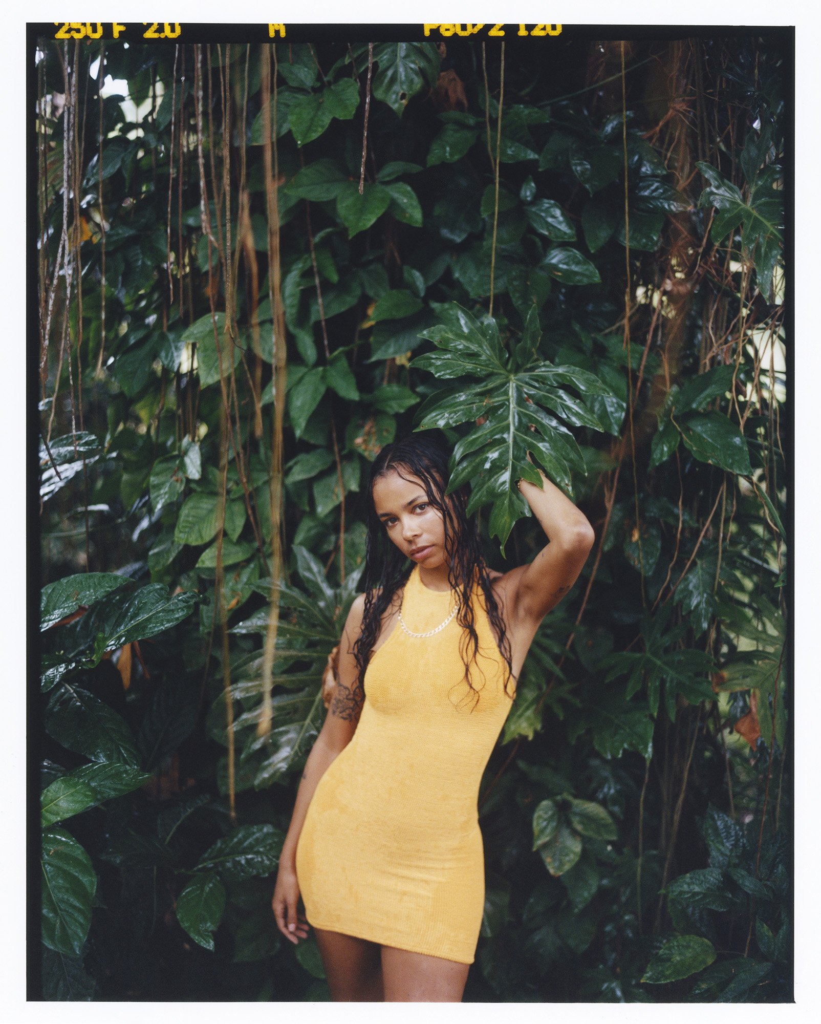 A woman in a yellow dress standing in front of a dense background of green tropical leaves.