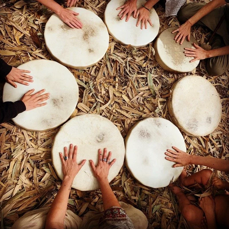 People playing drums in a circle on a bed of dried leaves.