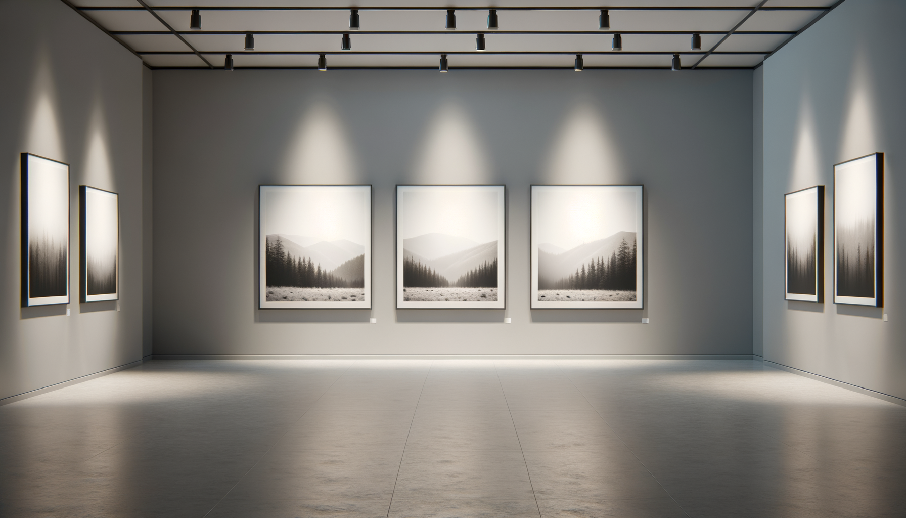 An art gallery with black and white landscape photographs of mountains and forests displayed on the white walls, illuminated by track lighting.