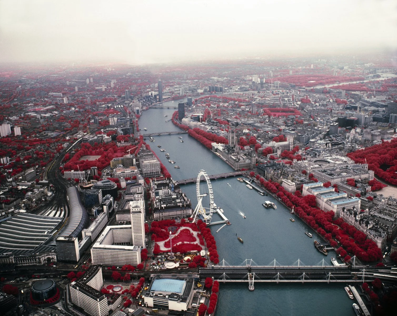 Aerial view of London, England, showing the River Thames, London Eye, and historic and modern buildings, with trees in red.