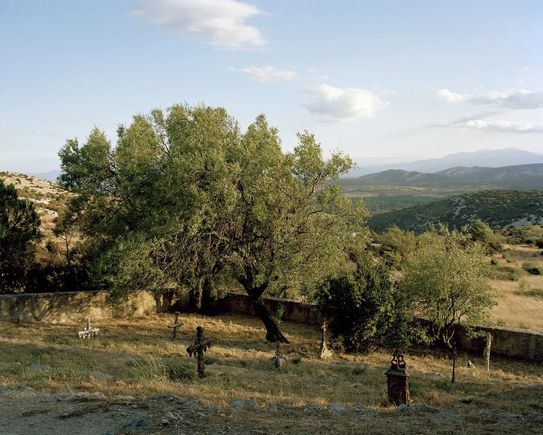 A landscape scene with a large tree and several small crosses under it, a stone wall in the background, rolling hills, and a mountain range in the distance under a partly cloudy sky.