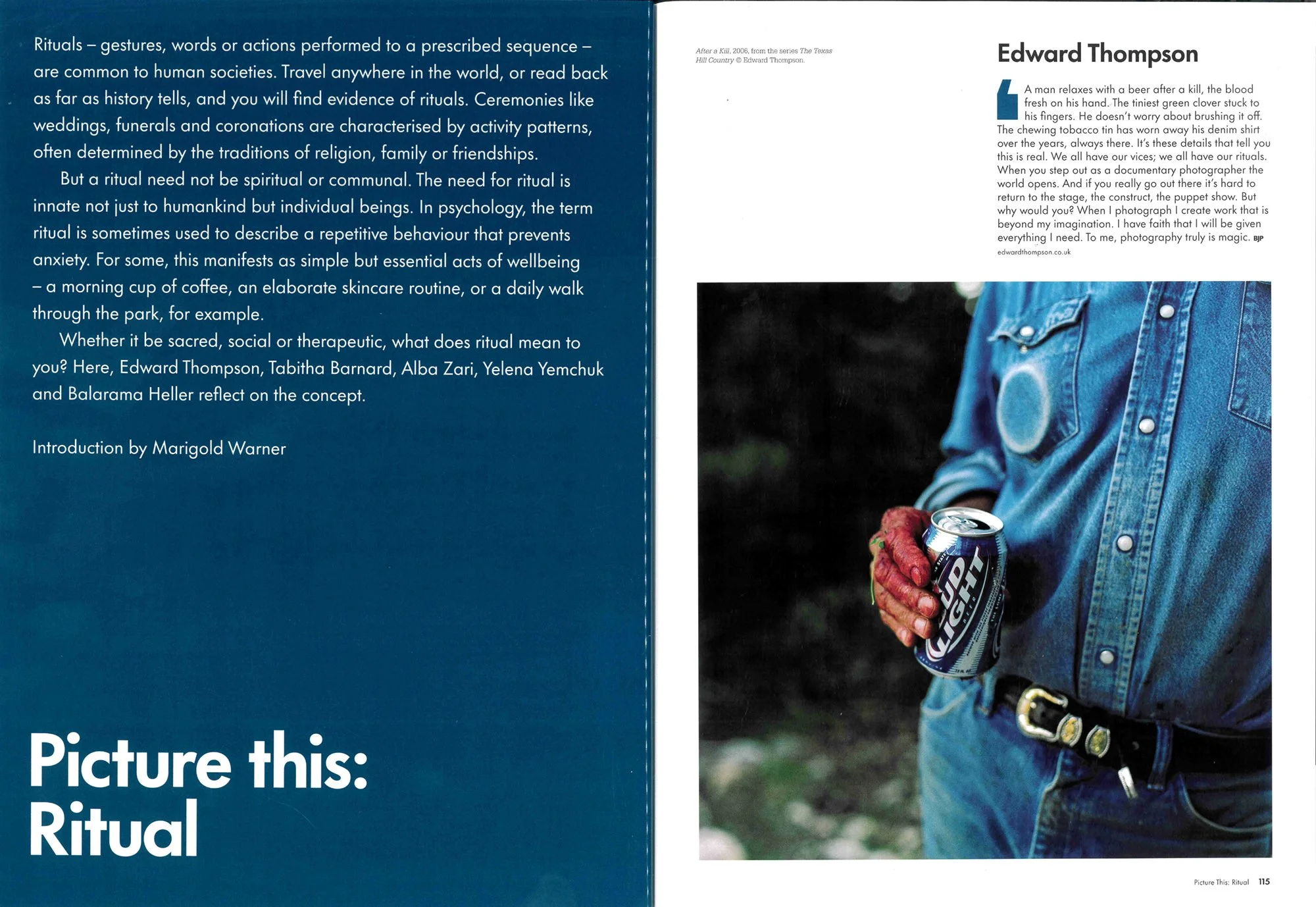 A person wearing a blue denim shirt with metallic buttons, holding a can of Bud Light beer in their right hand. The person is standing outdoors and their face is not visible.