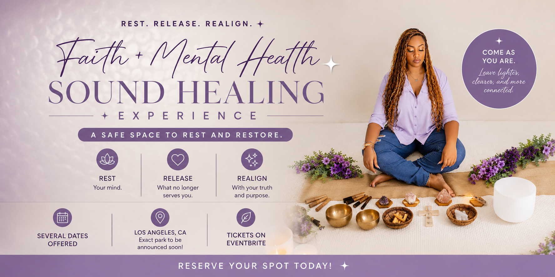 A promotional flyer for a sound healing experience with a calm woman meditating surrounded by crystals, bowls, candles, and flowers, emphasizing rest, release, and realign.