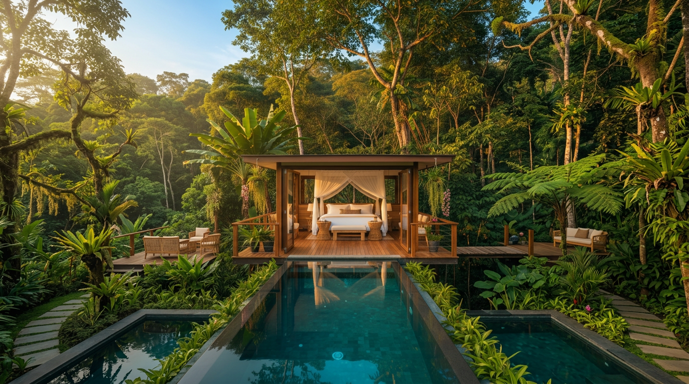 A luxury jungle villa with private pool at golden hour — representing the hotel performance gap between what RGI benchmarking measures and the true revenue potential of a property's full offering.