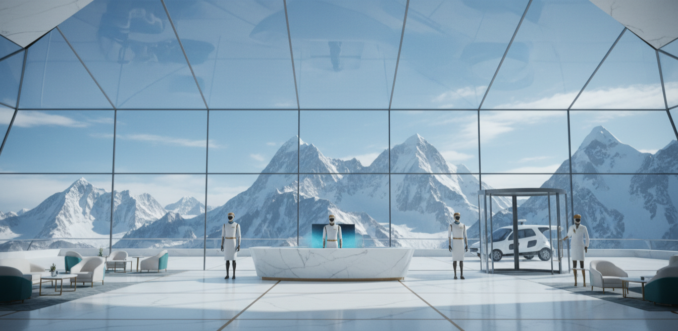 Futuristic hotel lobby with AI robot staff at a marble reception desk and floor-to-ceiling glass windows overlooking snow-capped mountains — representing the future of AI search and hotel visibility in hospitality.
