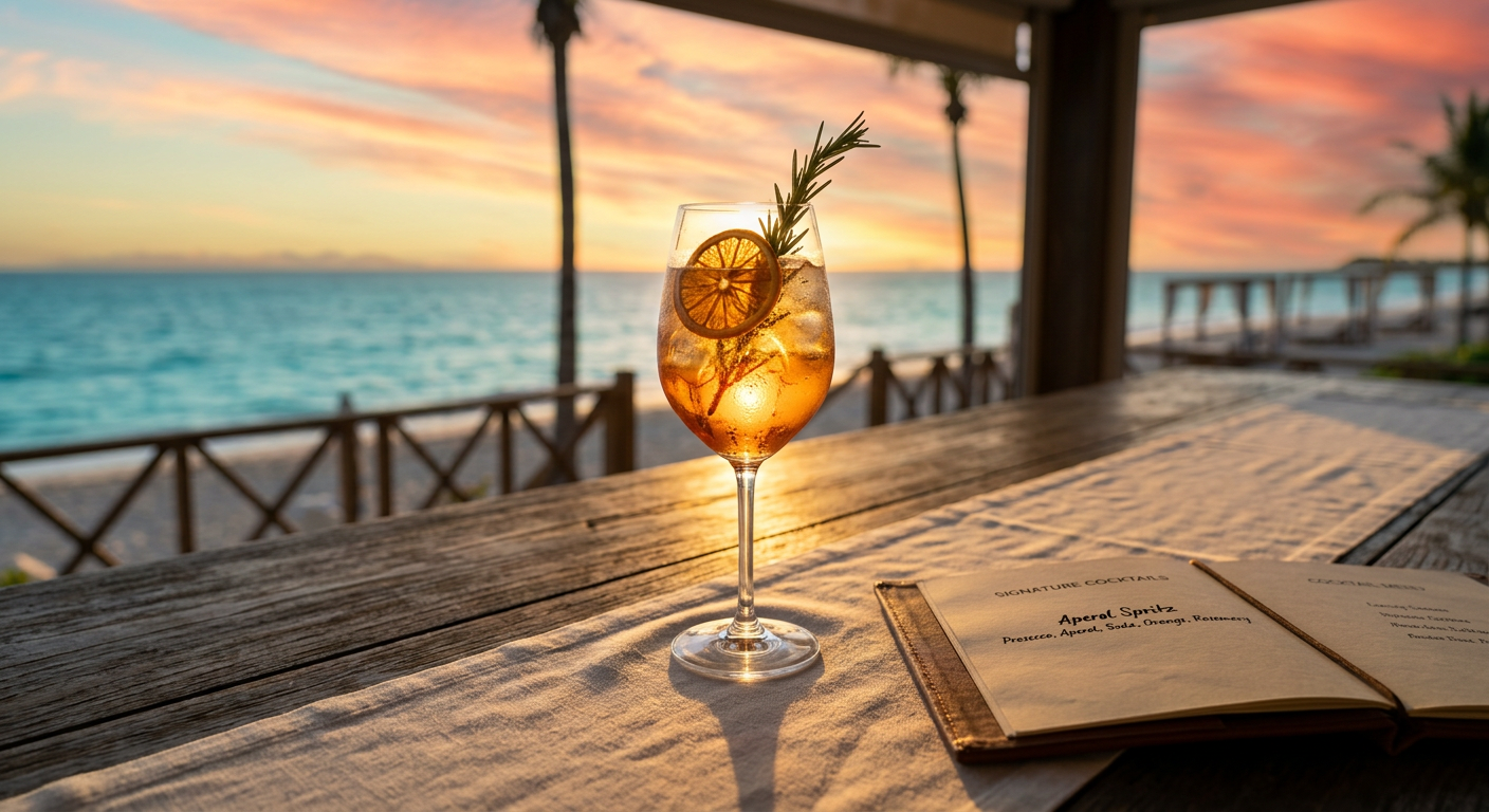 Cocktail on a beachfront bar at sunset, with a cocktail menu open beside it — illustrating the guest retention and F&B revenue strategies that separate thriving beach resorts from those committing commercial mistake