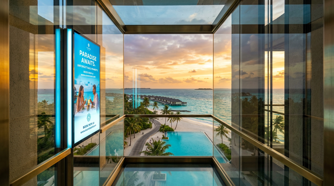 A crowded hotel elevator full of guests with suitcases, all staring at their phones or the floor counter - while a beautiful restaurant ad plays unwatched on the wall.