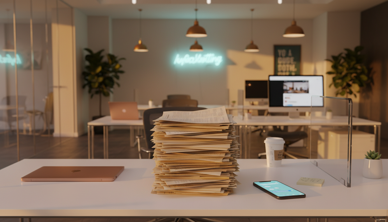 A towering stack of unread hotel press releases on a marketing office desk — representing why AI search visibility now depends on writing press releases that actually say something worth reading.