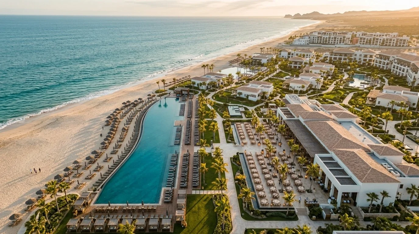 Aerial view of a luxury beachfront hotel resort with infinity pool, beach loungers and restaurant terraces at golden hour — representing the hospitality industry and the skilled professionals who run these complex operations every day
