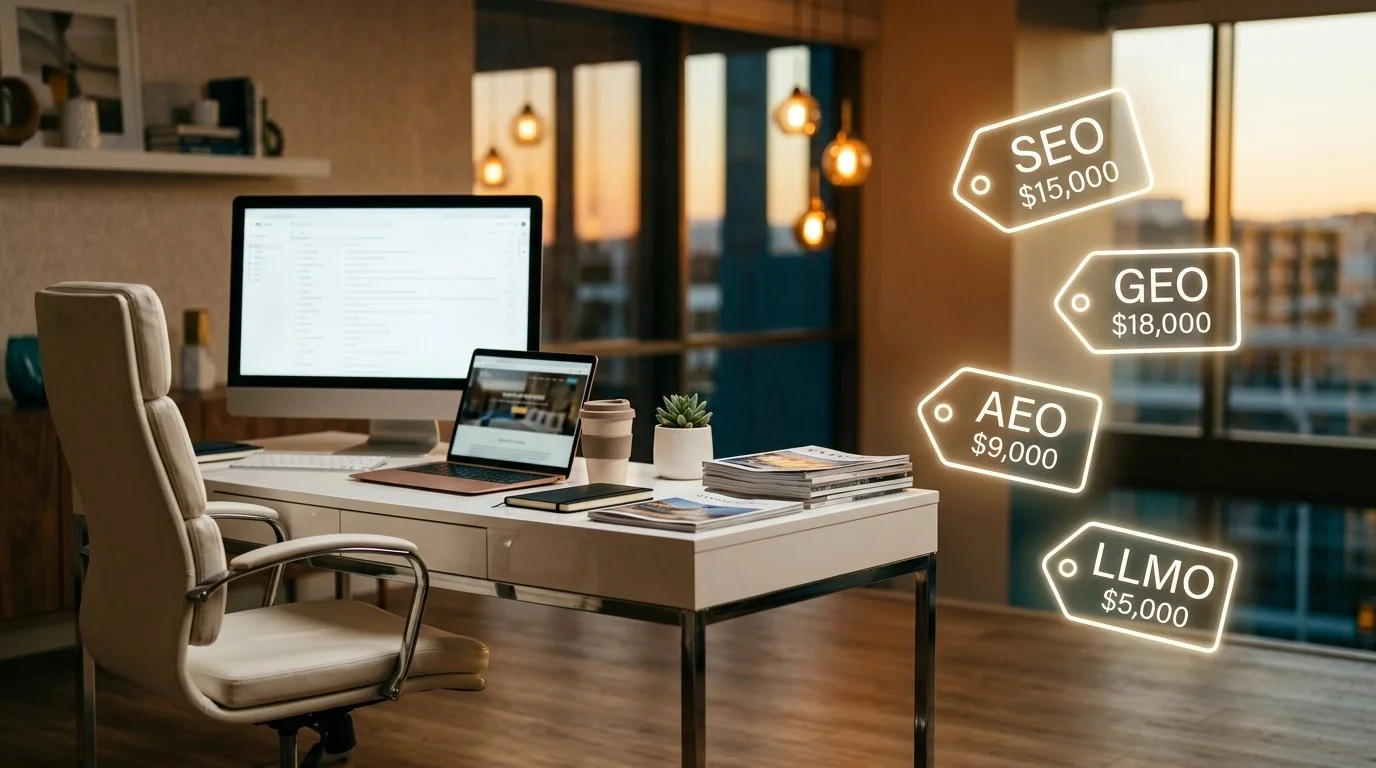 Hotel marketing desk with floating price tags labelled SEO, GEO, AEO and LLMO — illustrating the growing industry of AI search optimisation packages being sold to hoteliers for what is fundamentally still SEO.