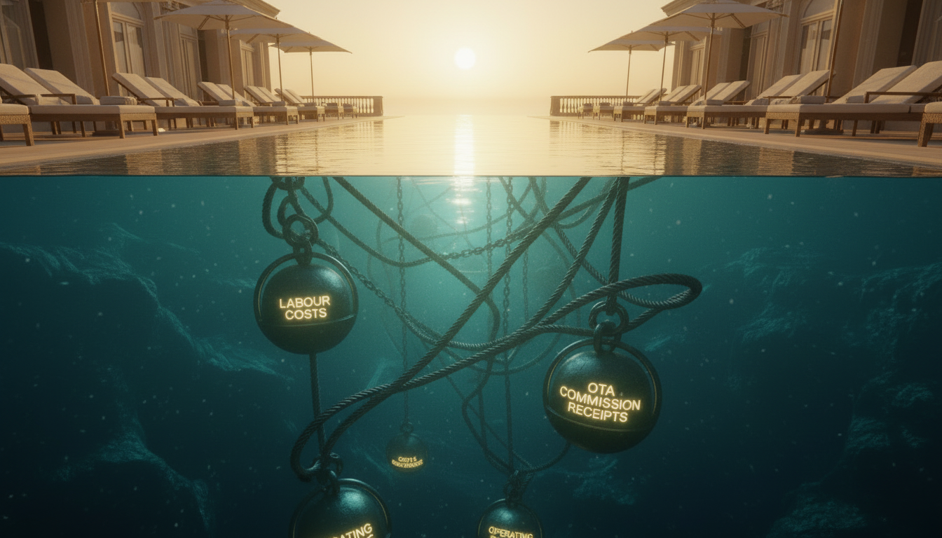 A luxury hotel pool at golden hour with hidden underwater chains and weights labelled Labour Costs, OTA Commission and Operating Costs — illustrating how RevPAR growth conceals the cost pressures quietly dragging hotel profit margins down.