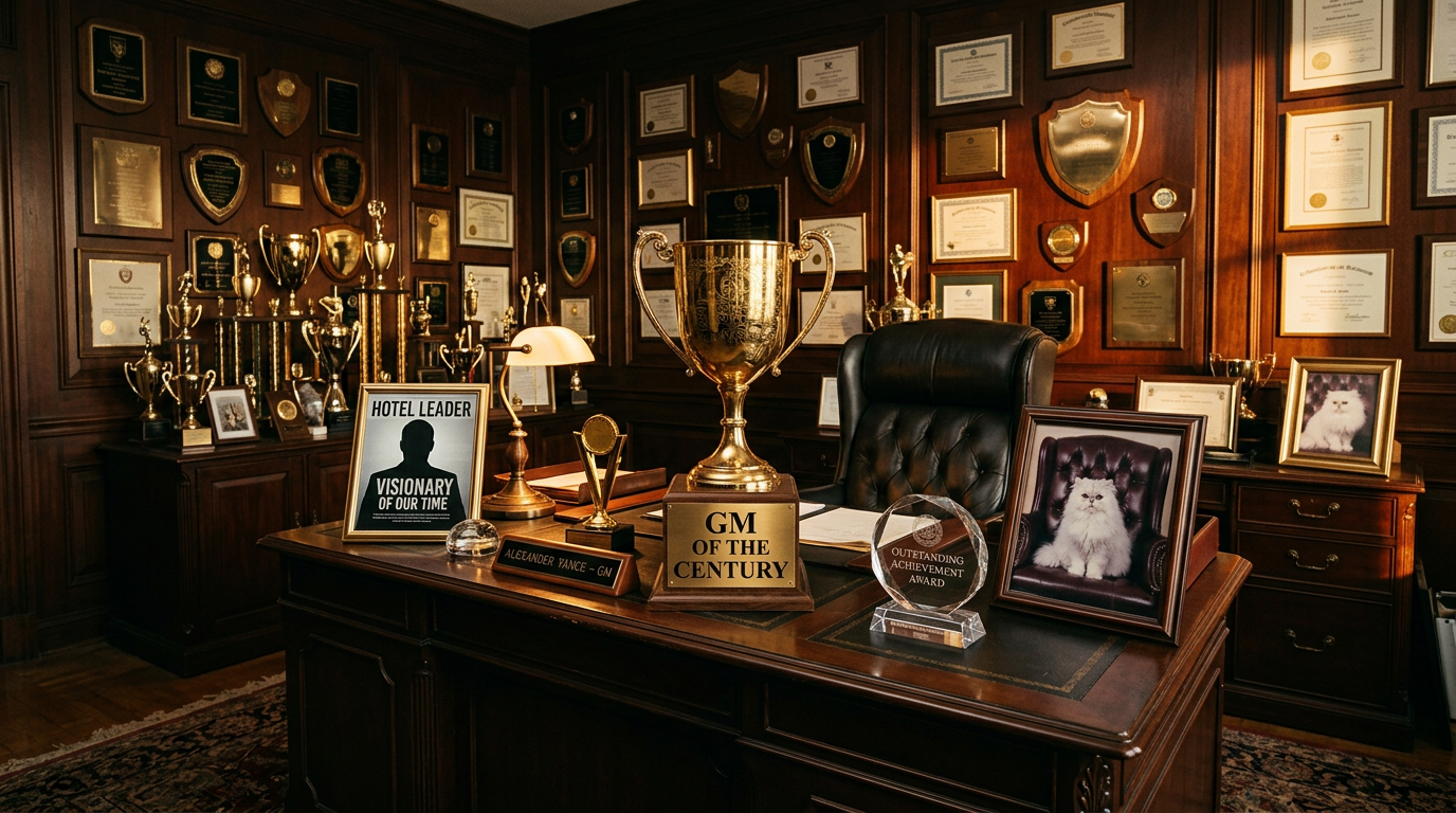 A hotel GM's office overwhelmed with trophies, plaques, certificates and awards including a 'GM of the Century' trophy and 'Outstanding Achievement Award' — questioning whether hospitality industry recognition reflects genuine performance or the size