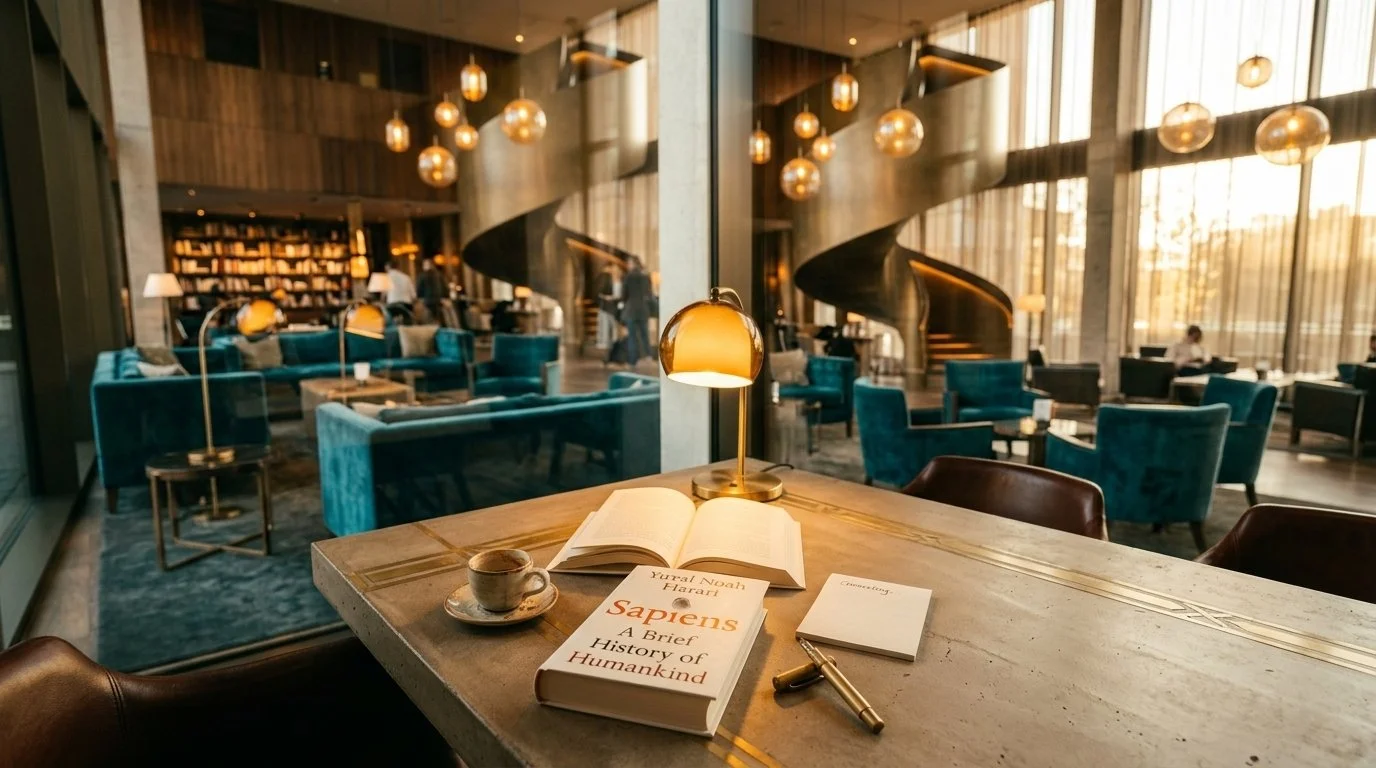 Copy of Sapiens by Yuval Noah Harari open on a table in a luxury hotel lobby — illustrating how shared myths and storytelling are the foundation of every successful hotel brand.