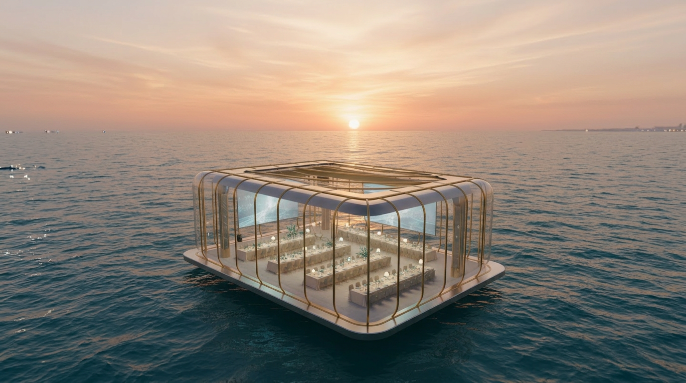 A glass and gold floating ballroom set up for a banquet dinner in the middle of the ocean at sunset — illustrating the untapped revenue potential of hotel event and meeting spaces that sit empty and unmeasured.