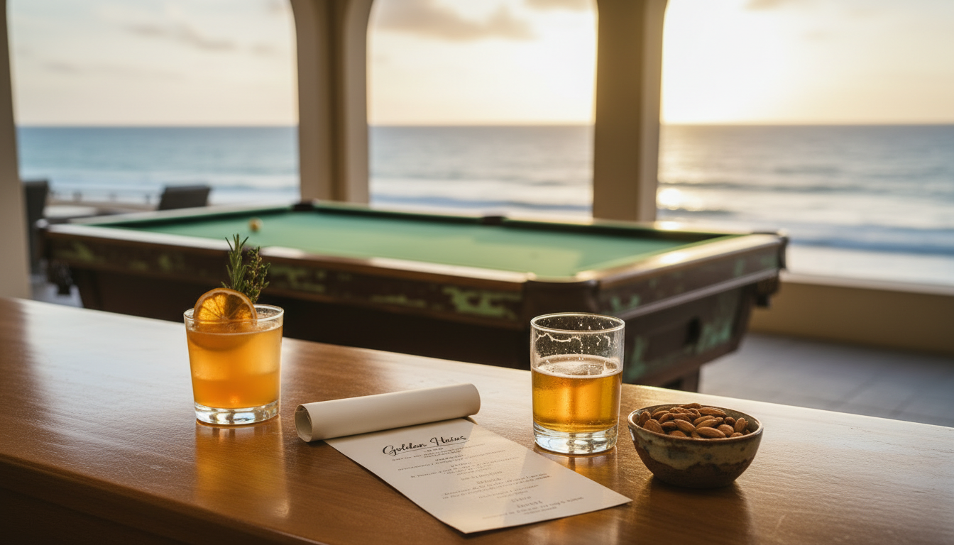 Two drinks and a bar menu on a hotel bar counter with a billiard table and ocean view in the background — representing the impact of entertainment choices on hotel bar revenue and F&B strategy
