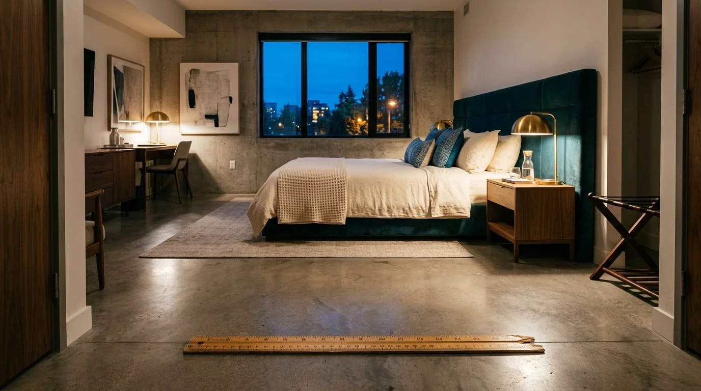 A measuring ruler on the floor of a hotel room — representing the concept of revenue per square metre and the limitations of RevPAR as a hotel performance metric