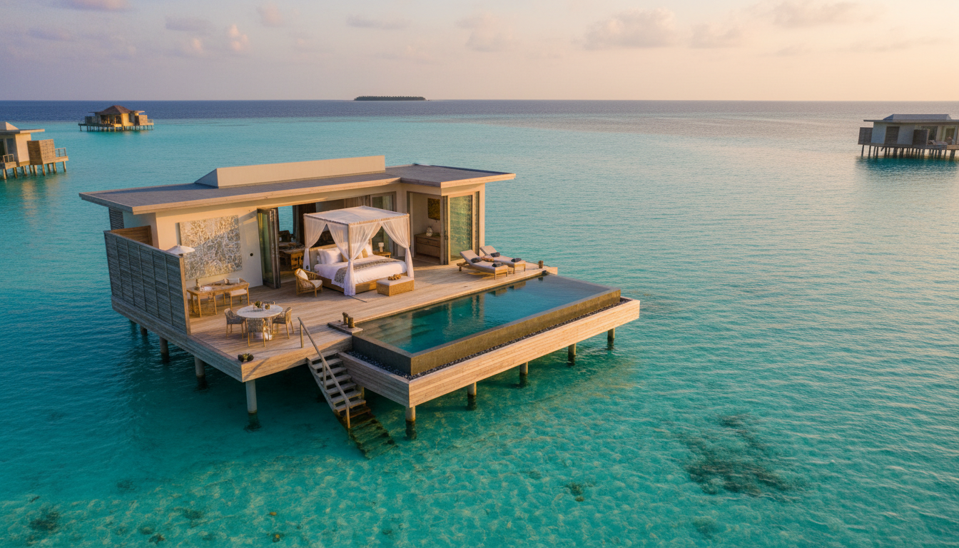 Aerial view of a luxury overwater villa in the Maldives at sunset — illustrating the gap between the hotel experience guests invest in and the loyalty they lose when a flat 'no' at checkout undoes everything.