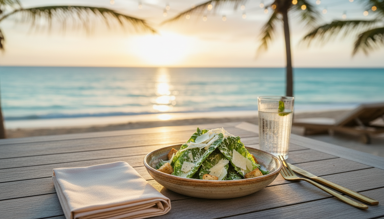 A Caesar salad served at a beachfront hotel restaurant at sunset — the deceptively simple dish at the centre of a hotel operations and billing process that should never have been this complicated.