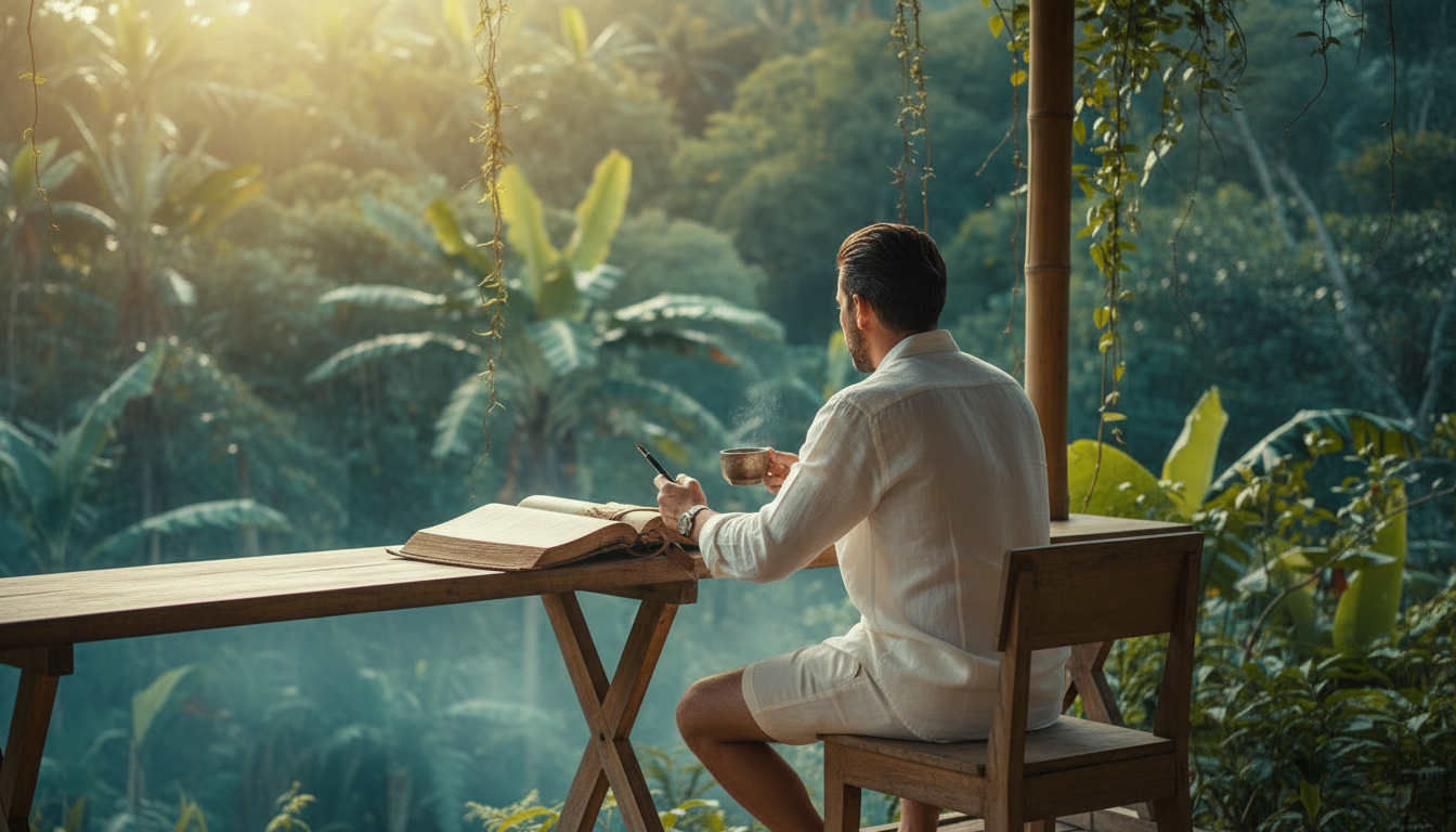 A hotel guest writing notes over morning coffee on a jungle terrace — representing the moment a loyalty member decides whether to return, recommend, or walk away for good.