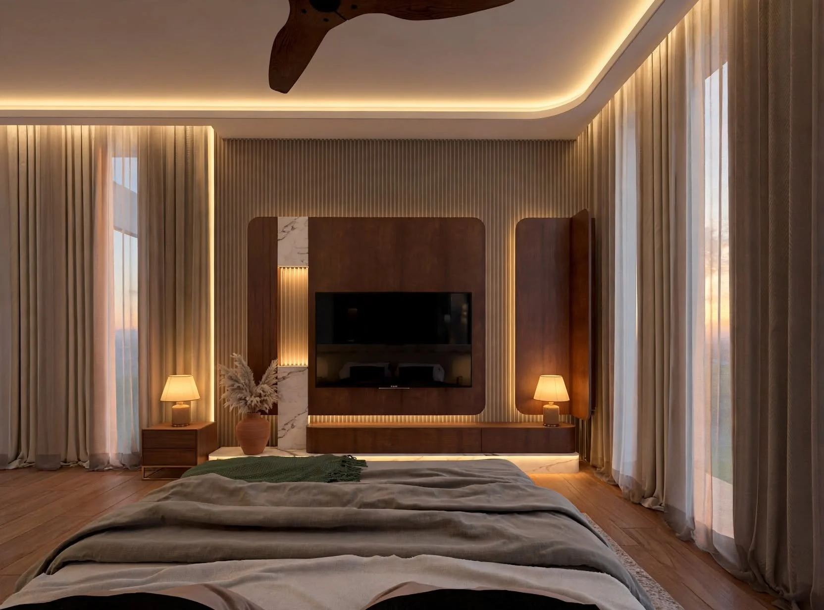 A minimalist modern bedroom featuring clean lines, a neutral color palette, and warm ambient lighting. A modern style TV unit with walnut finish and textured accent wall, complemented by large floor-to-ceiling windows that maximize natural daylight.