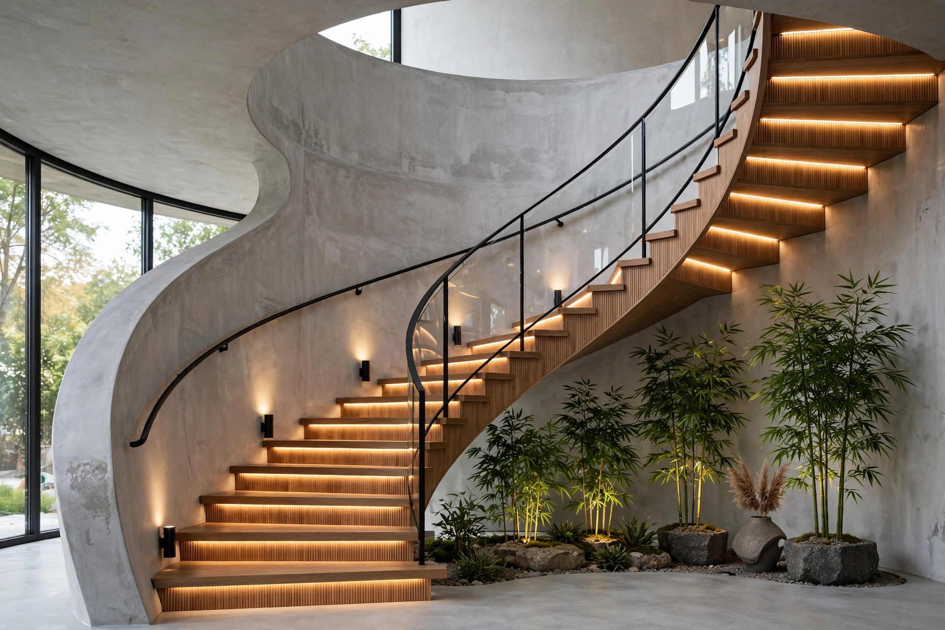 A sculptural architectural spiral concrete staircase set against a backdrop of lush biophilic greenery and cascading indoor plants. Integrated step lighting and open risers accentuate the smooth, organic curves of the raw concrete, creating a seamles