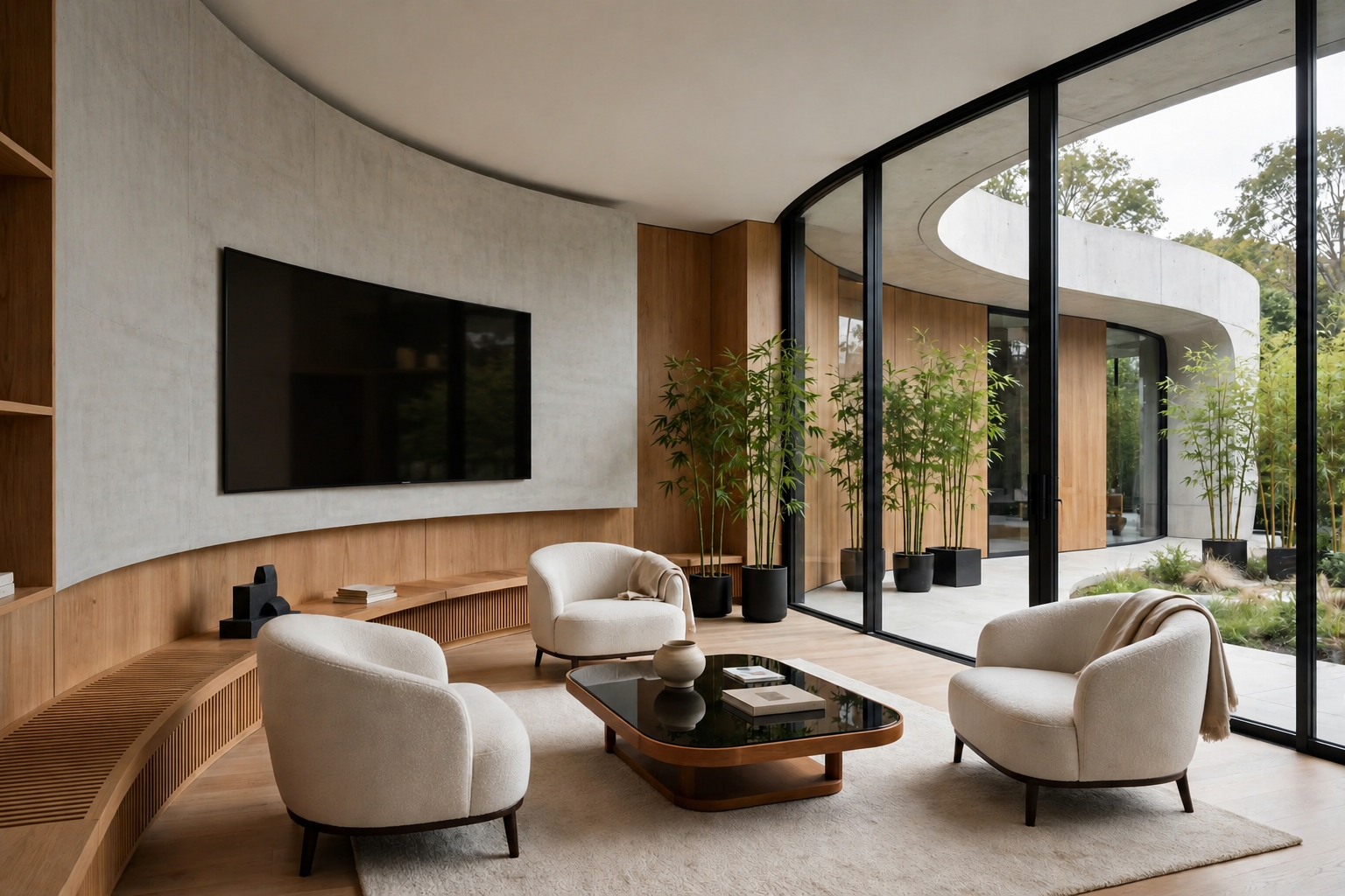 A sophisticated formal office lounge and meeting area featuring curved floor-to-ceiling exterior windows that flood the space with natural light. The room centers around a sleek, low-profile sofa, a minimalist coffee table, and an integrated wall-mou