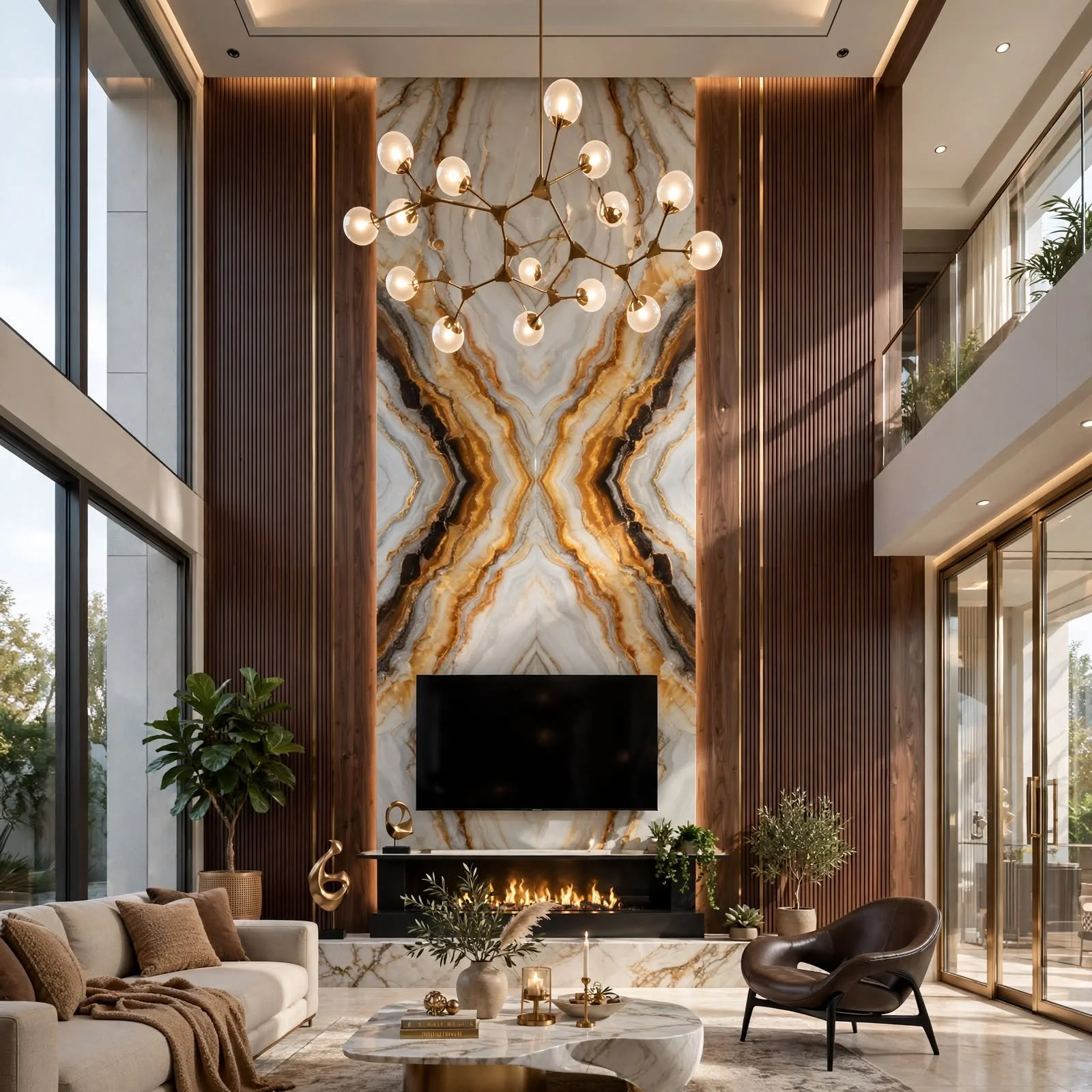 A modern double-height living area featuring a soaring vertical accent wall, expansive floor-to-ceiling windows, and a sculptural statement chandelier. A minimalist layout with low-profile seating with a seamless connection to the outdoors.