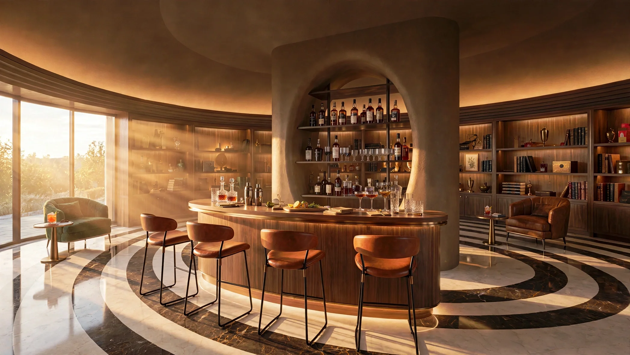 A moody, clandestine speakeasy-style rooftop bar and library featuring fluid organic forms and curved architectural woodwork. Low ambient lighting accentuates rich leather booth seating, integrated bookshelf walls lined with vintage volumes, and a cu