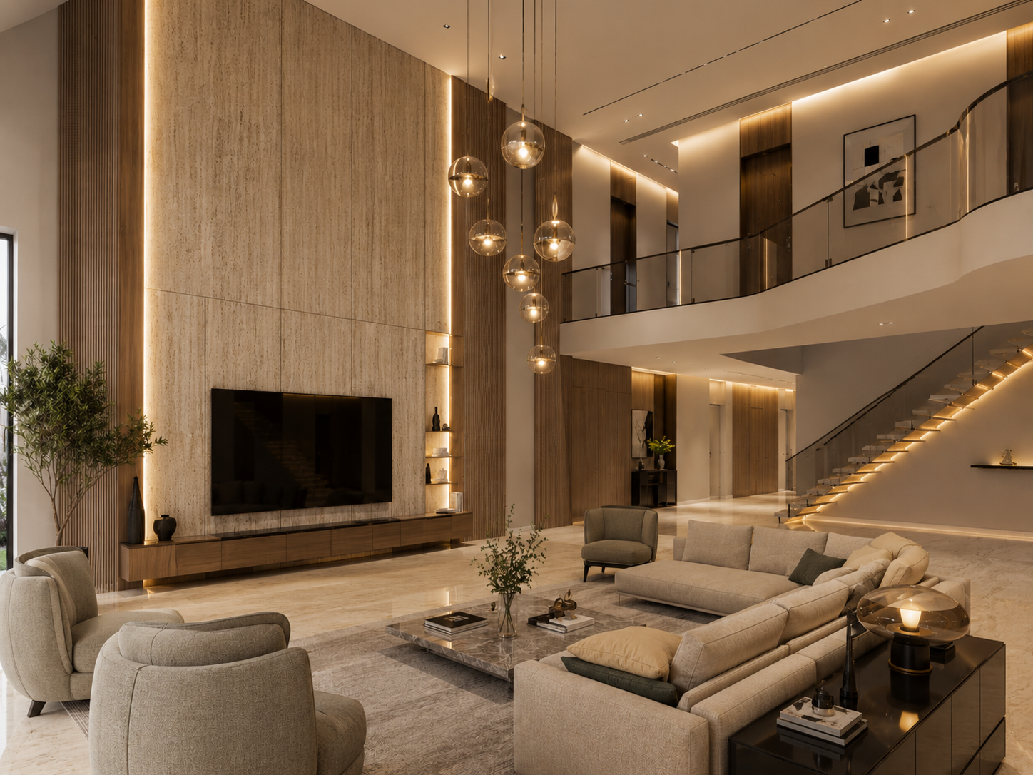 Interior view of the residence with soft material pallet and textures that embraces the living room and allows people to experience the design with a luxurious touch