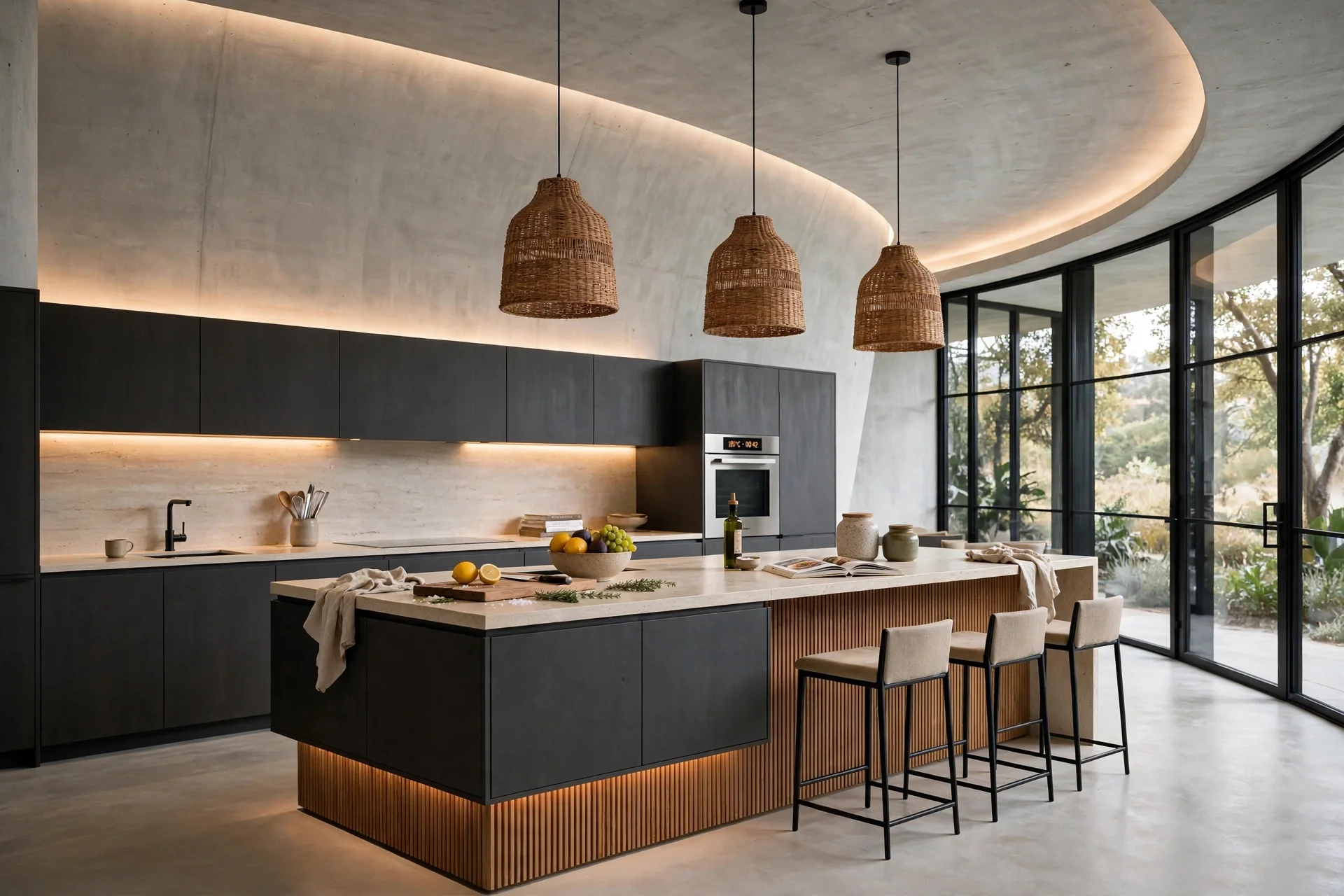 A contemporary kitchen featuring seamless fluid walls and curved architectural transitions that blend cabinetry and dining spaces into a continuous organic form. Integrated minimalist appliances, a sleek waterfall island, and hidden indirect lighting
