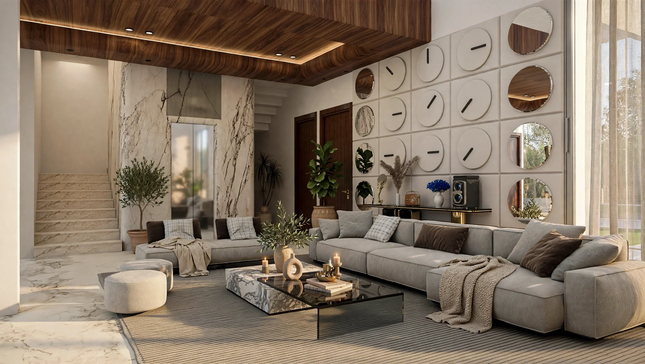 A modern double-height living area featuring a soaring vertical accent wall, expansive floor-to-ceiling windows, and a sculptural statement chandelier. A minimalist layout with low-profile seating and a floating staircase emphasizes the dramatic spat