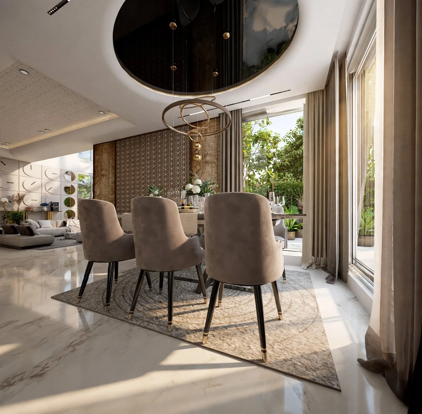 A contemporary dining area featuring a minimalist wood dining table surrounded by sleek modern chairs, illuminated by a statement pendant light overhead. Large floor-to-ceiling windows frame natural outdoor views, while built-in low-profile sideboard