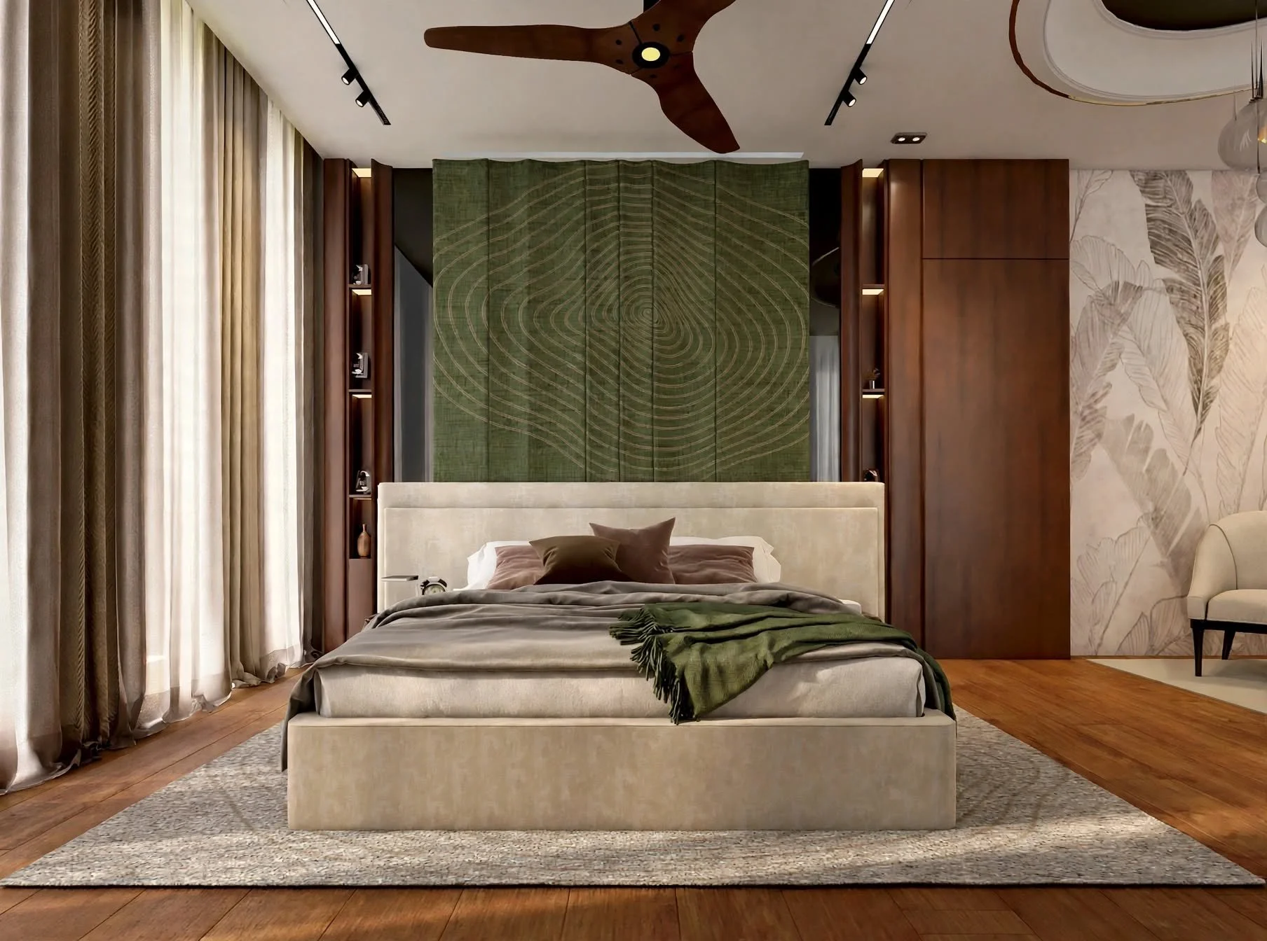 A minimalist modern bedroom featuring clean lines, a neutral color palette, and warm ambient lighting. A sleek platform bed with soft linen bedding sits against a textured accent wall, complemented by built-in wood cabinetry and large floor-to-ceilin