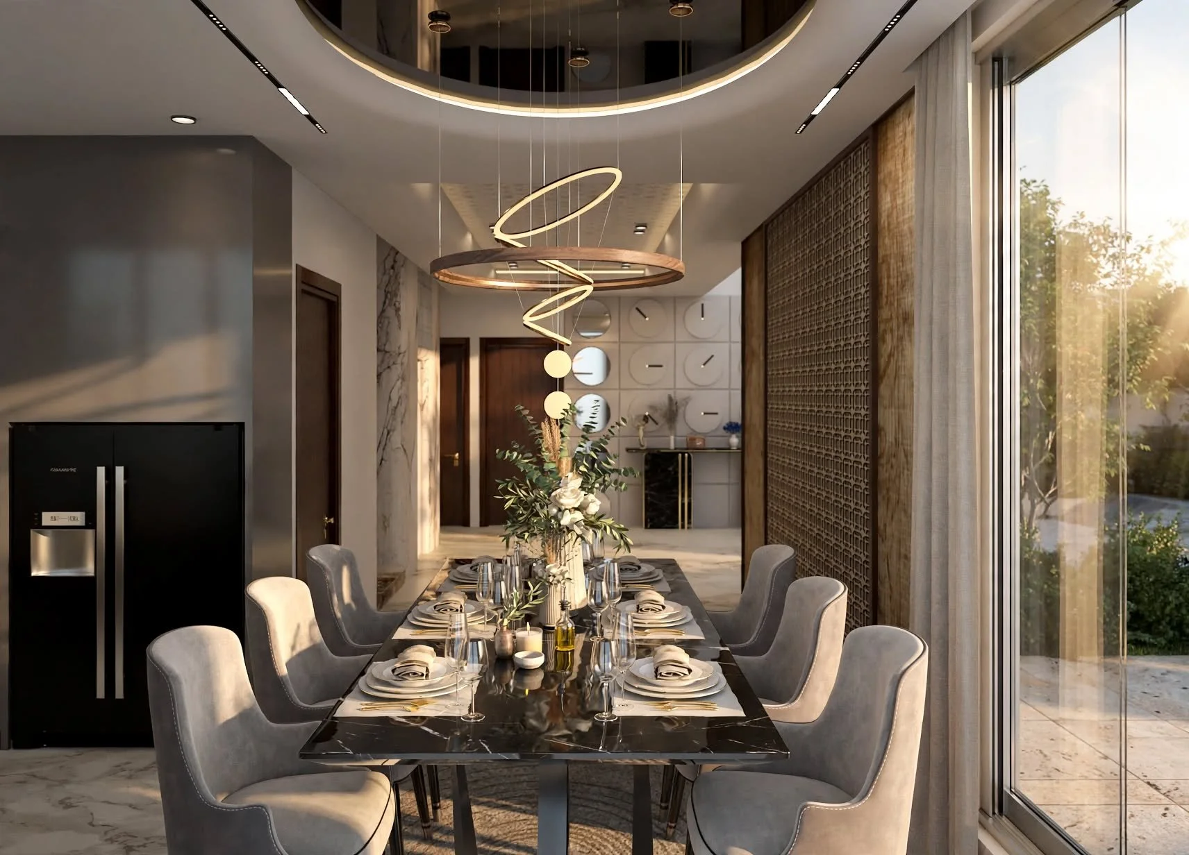 A contemporary dining area featuring a minimalist wood dining table surrounded by sleek modern chairs, illuminated by a statement pendant light overhead. Large floor-to-ceiling windows frame natural outdoor views, while built-in low-profile sideboard