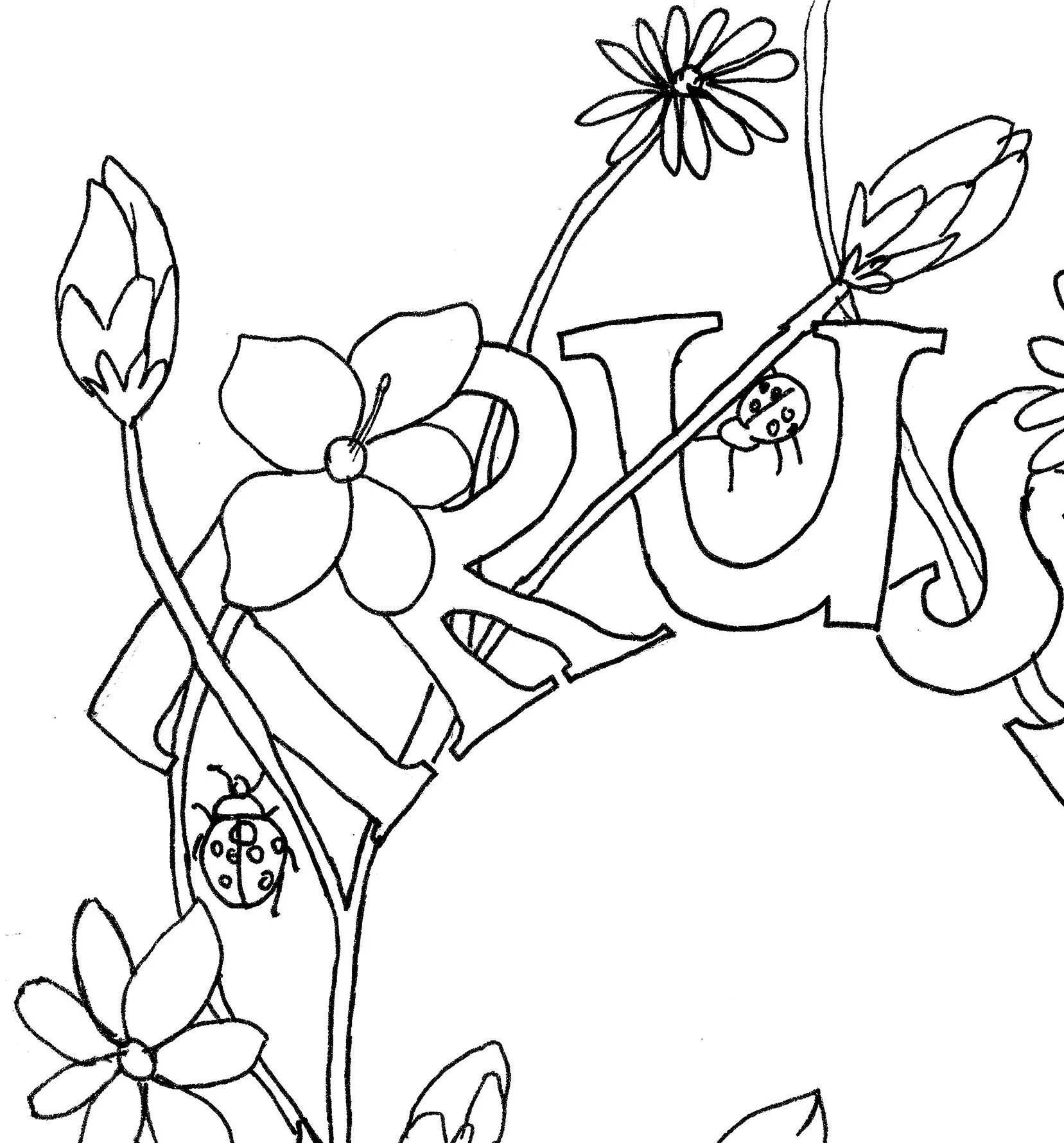Trust Yourself hand-drawn affirmation colouring page with daisies woven through the letters and small ladybirds.
