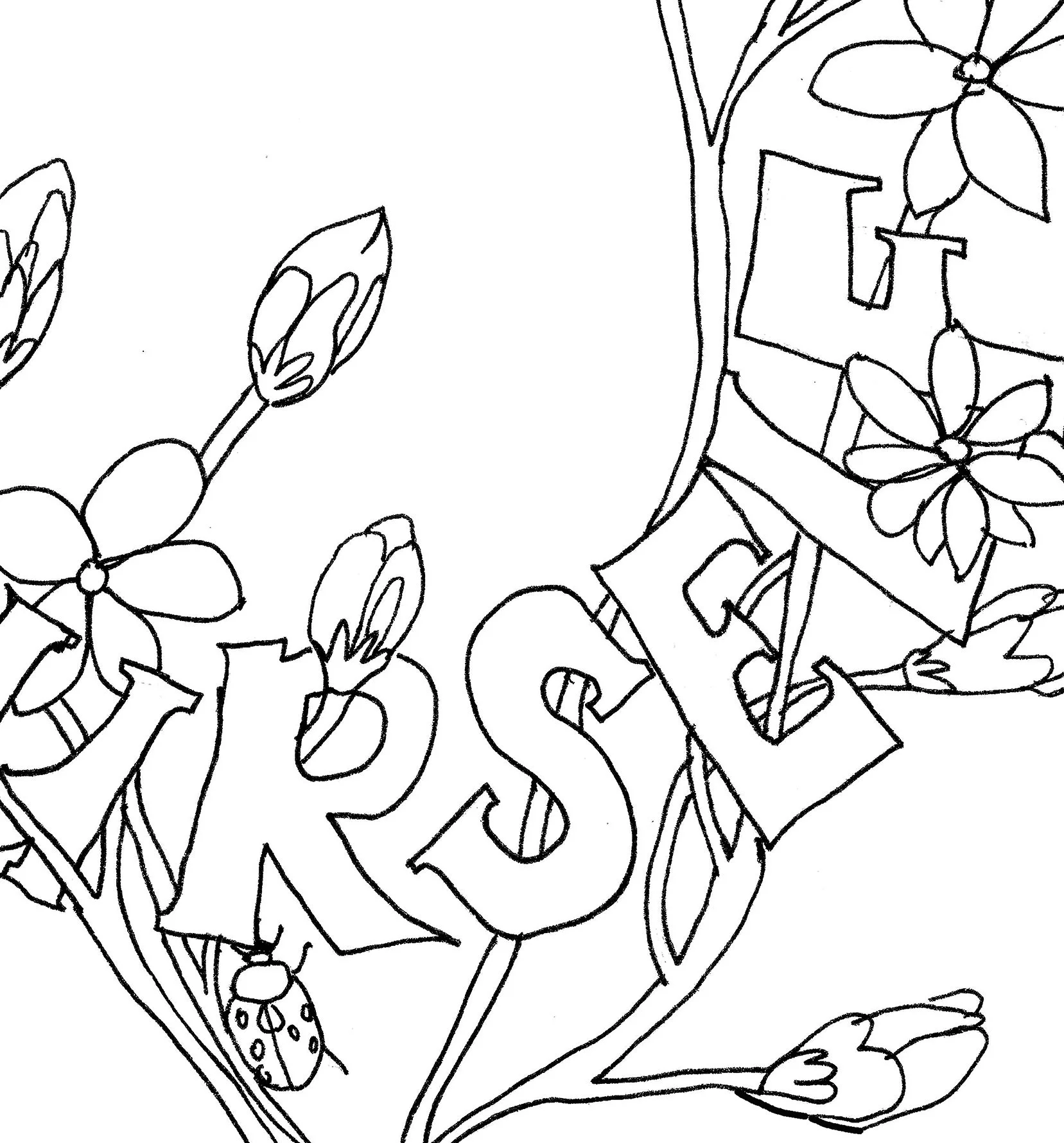 Trust Yourself hand-drawn affirmation colouring page with daisies woven through the letters and small ladybirds.