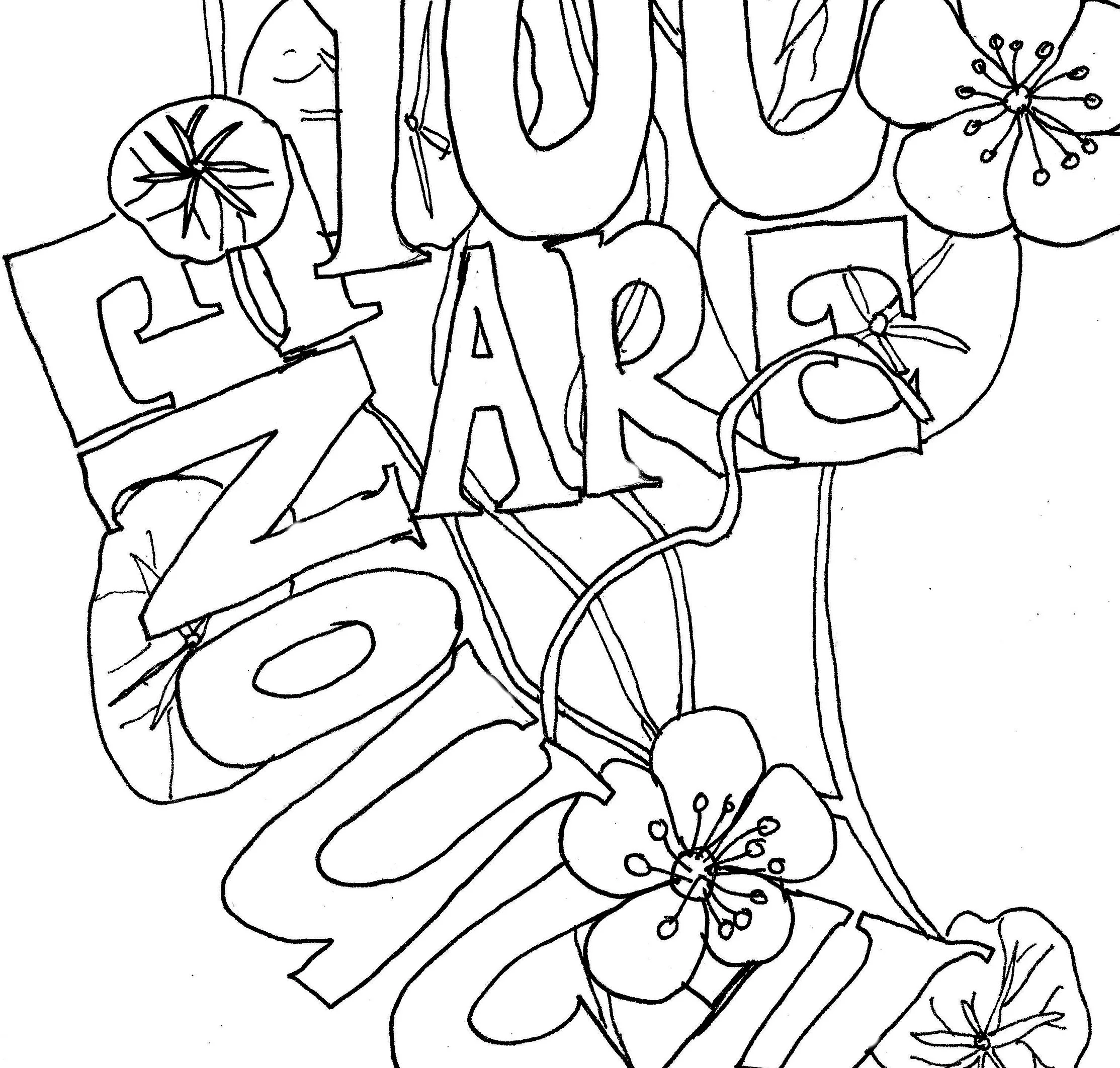 You Are Enough hand-drawn affirmation colouring page with nasturtium leaves wrapping the letters and small buttercup flowers.