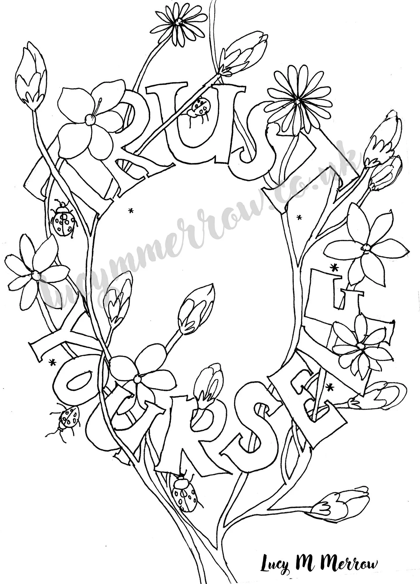 finalwatermark Trust Yourself hand-drawn affirmation colouring page with daisies woven through the letters and small ladybirds.