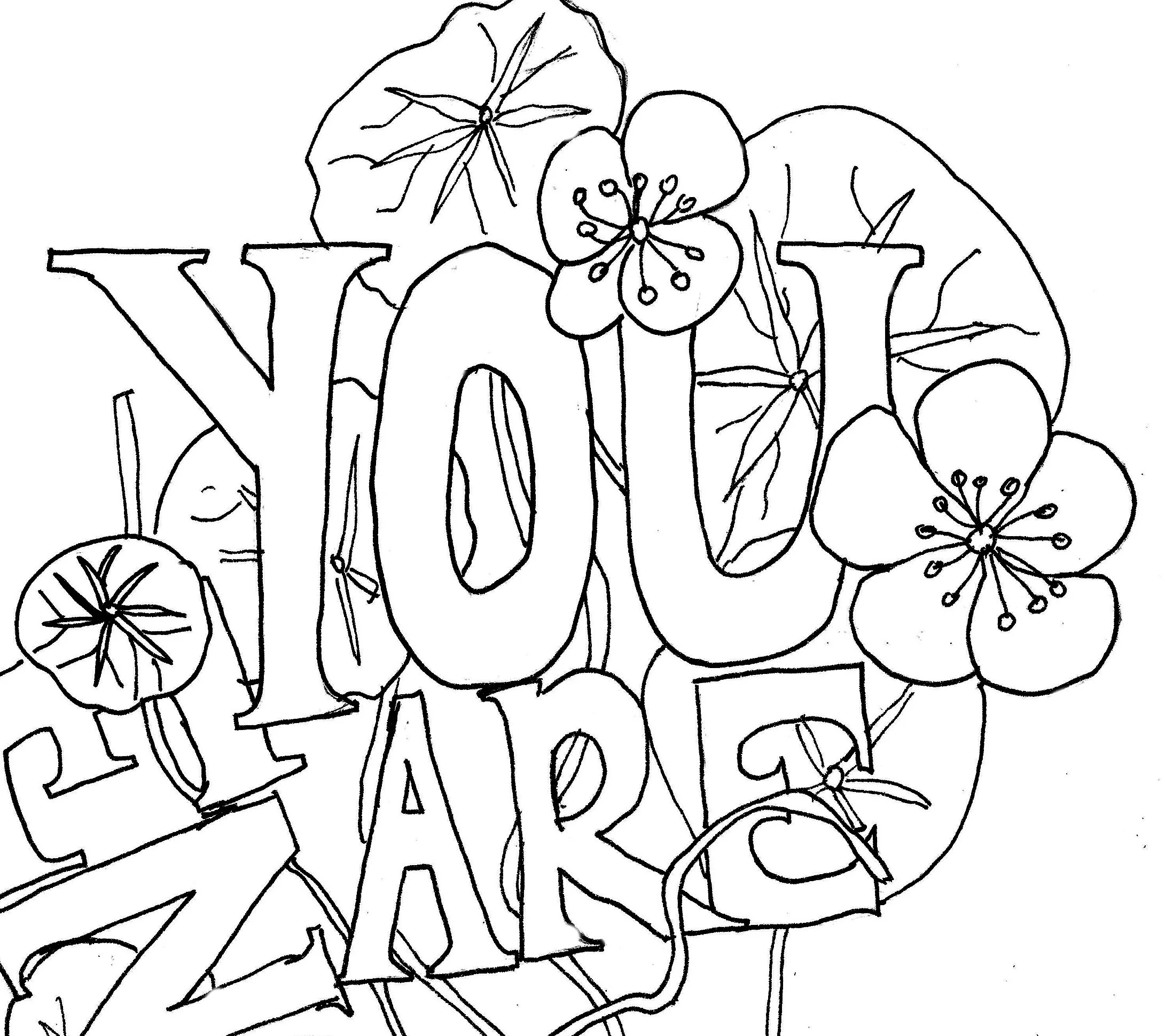 You Are Enough hand-drawn affirmation colouring page with nasturtium leaves wrapping the letters and small buttercup flowers.