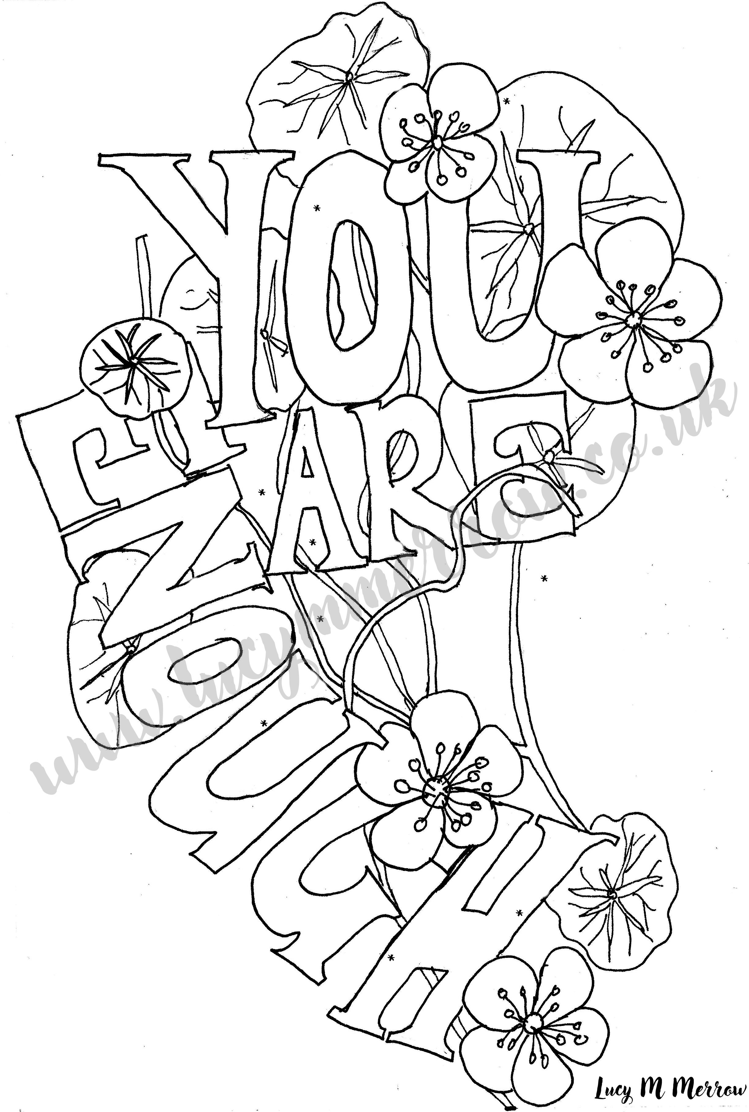 watermark   You Are Enough hand-drawn affirmation colouring page with nasturtium leaves wrapping the letters and small buttercup flowers.
