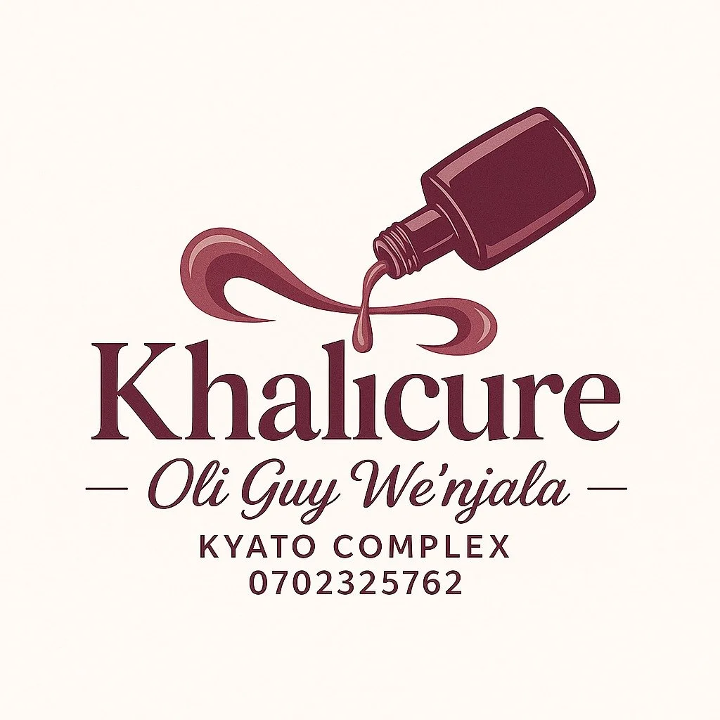Logo for Khalcure featuring a nail polish bottle pouring nail polish, with text in English and Swahili, including contact information.