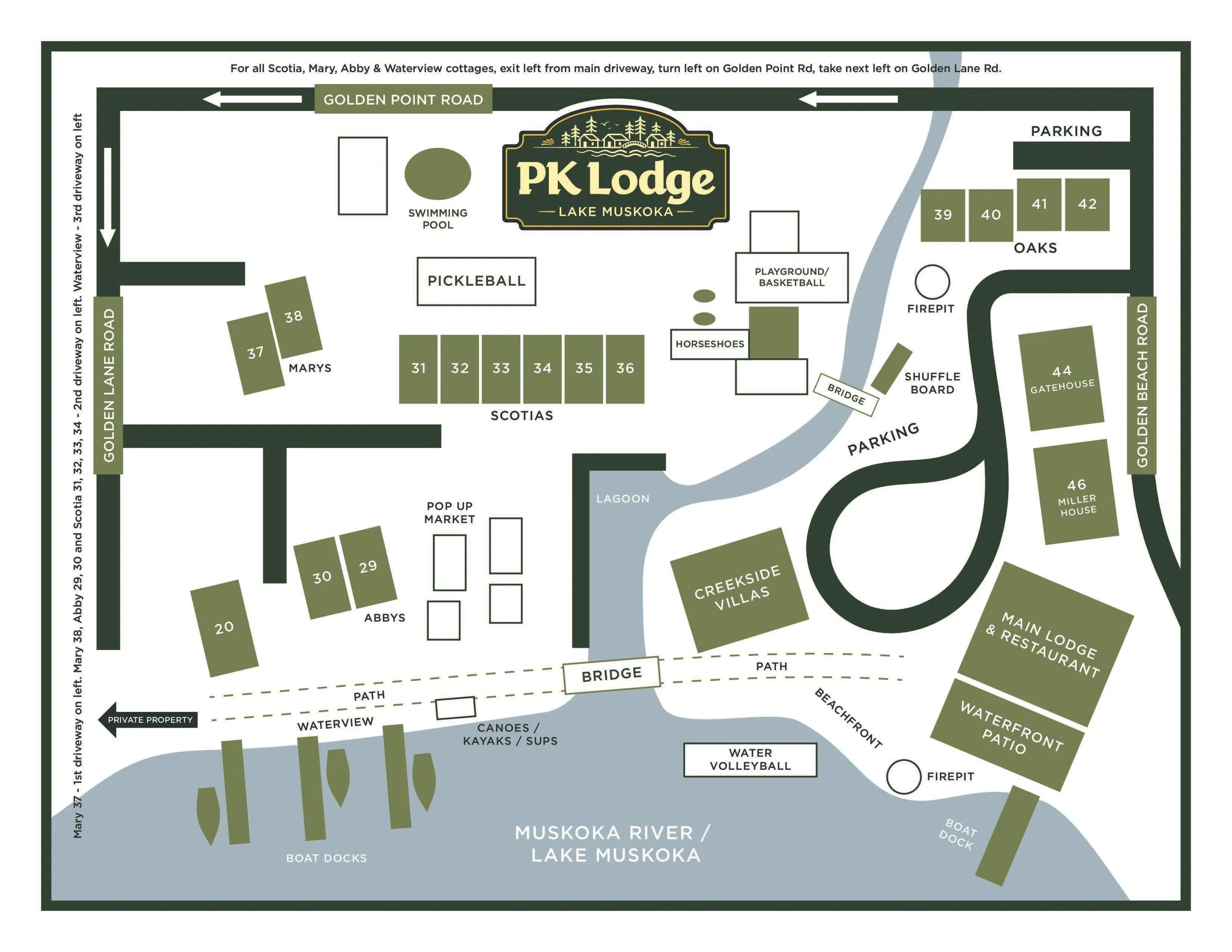 Map of PK Lodge at Lake Muskoka showing locations of cottages, amenities, and surrounding roads and water.