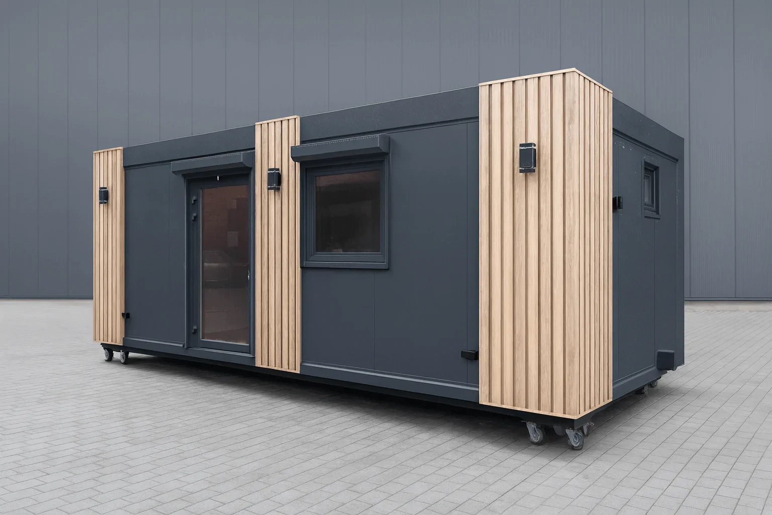 Moderne modulaire unit op wieltjes met donkergrijze buitenkant en lichte houten accenten, voorzien van ramen en deur, geplaatst op een betonnen ondergrond.
