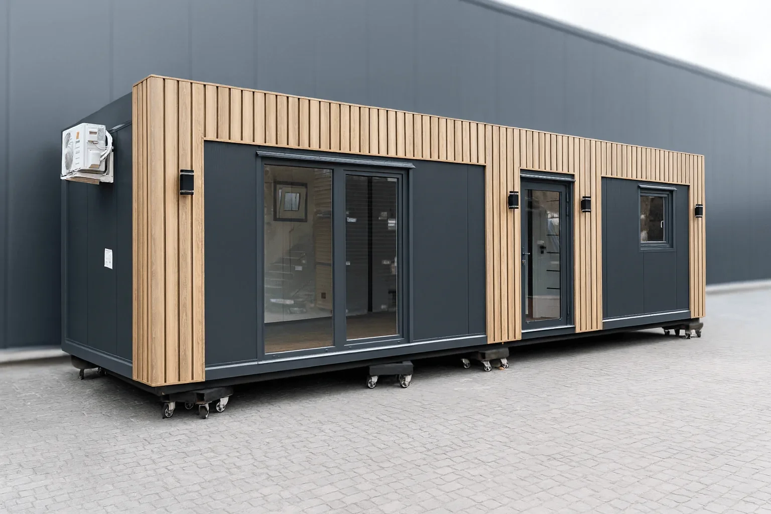 Een tiny house met houten en zwarte gevels en grote ramen, geplaatst op wielen.