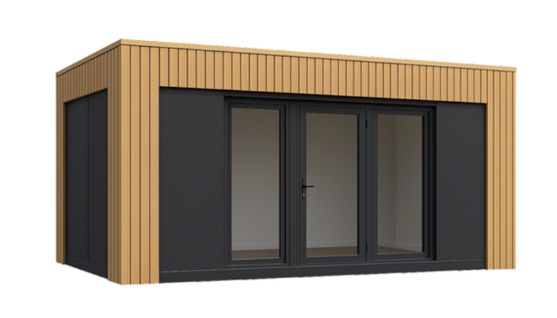 Moderne modulaire unit met zwarte gevel en houten gevelbekleding, grote ramen en glassdeur.
