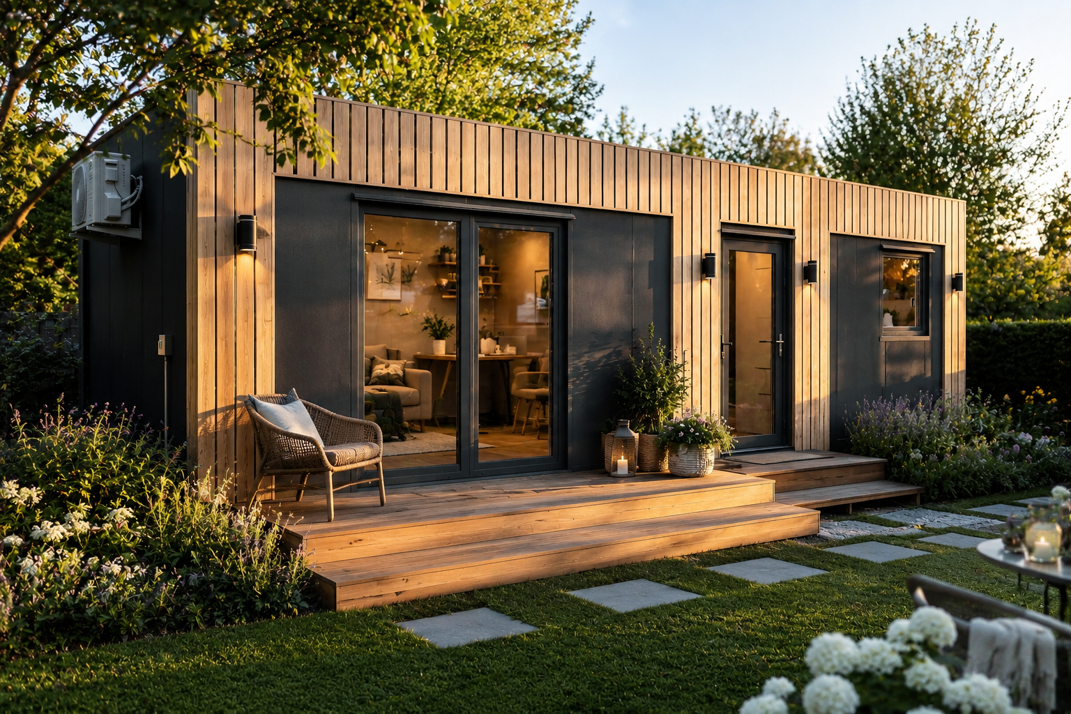 Moderne tiny house met houten gevel, grote glazen deuren en ramen, een houten veranda met buitenmeubilair en planten, omgeven door een tuin met bloemen en gras, tijdens zonsondergang.