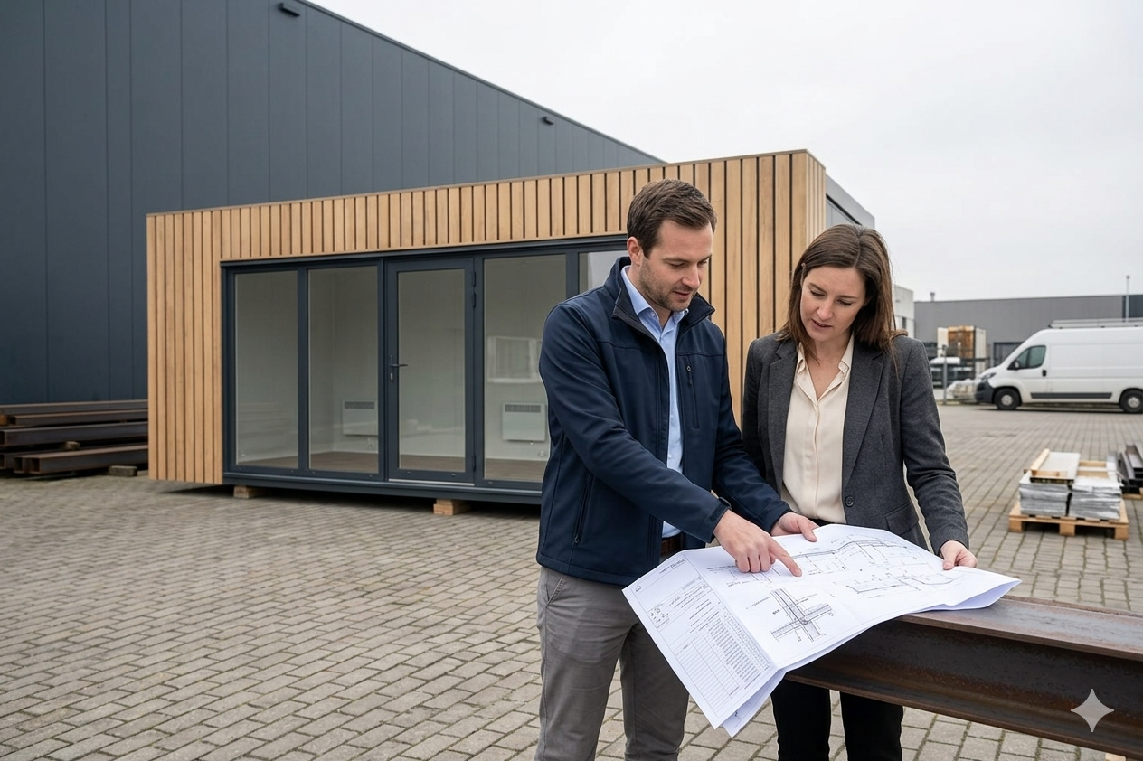 Twee mensen bekijken bouwplannen buiten een modulaire unit